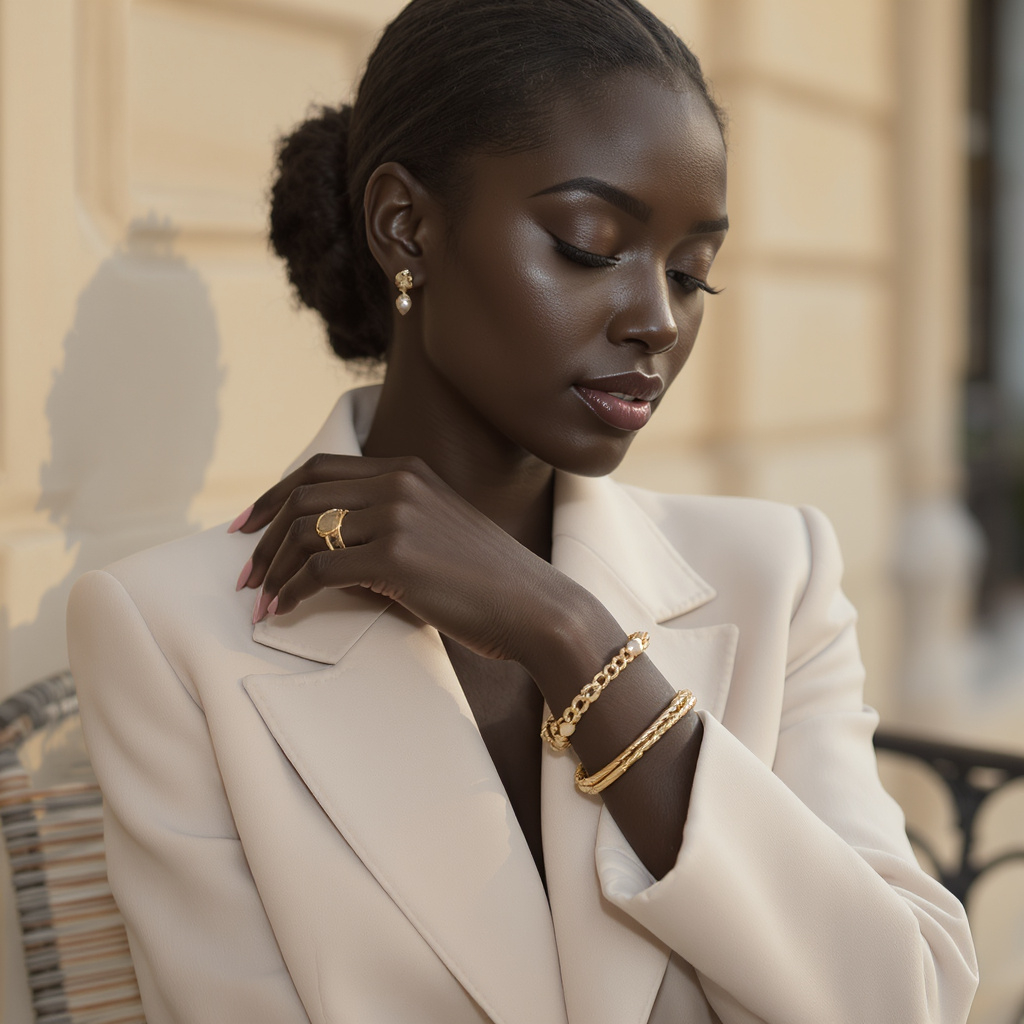 Femme élégante sublimée par des bijoux dorés tendance: bague, boucles d'oreilles et bracelets