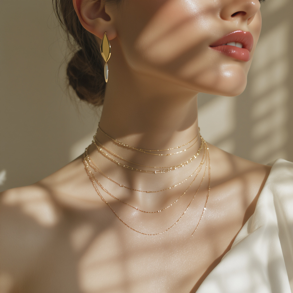 Femme portant des bijoux élégants : colliers chaînes dorés superposés et boucle d'oreille