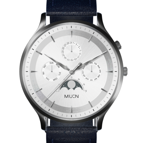 Montre élégante à cadran blanc, multiples complications, phases de lune et bracelet bleu