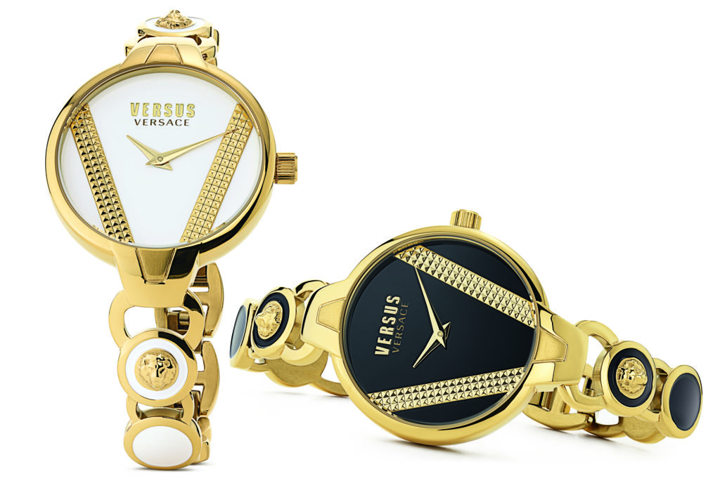 Deux élégantes montres femme Versus Versace dorées à cadrans blanc et noir