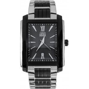 Montre Cerruti 1881 rectangulaire noire et argent, cadran foncé avec chiffres romains