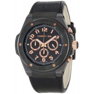 Montre chronographe Cerruti 1881 noire avec cadran chiffres or rose et bracelet cuir