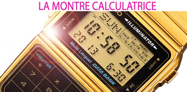 Montre calculatrice numérique dorée avec écran affichant l'heure et un clavier intégré