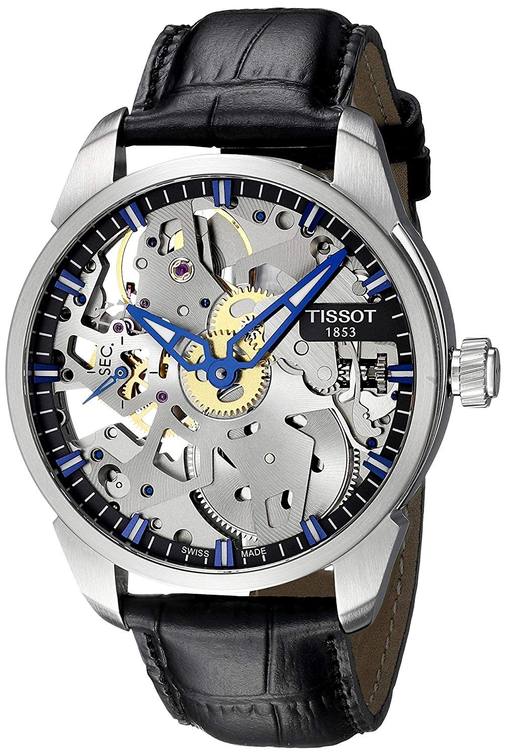 Montre squelette argentée, cadran ouvert révélant le mécanisme et bracelet cuir noir