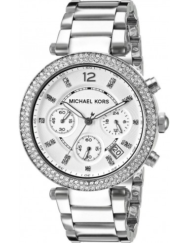Montre chronographe argentée au cadran blanc, lunette et index sertis de cristaux