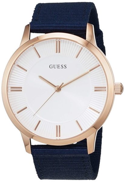 Montre Guess homme avec cadran blanc, boîtier or rose et bracelet tissu bleu marine