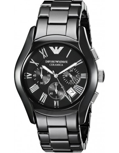 Montre chronographe noire en céramique avec bracelet, cadran chiffres romains et trois compteurs