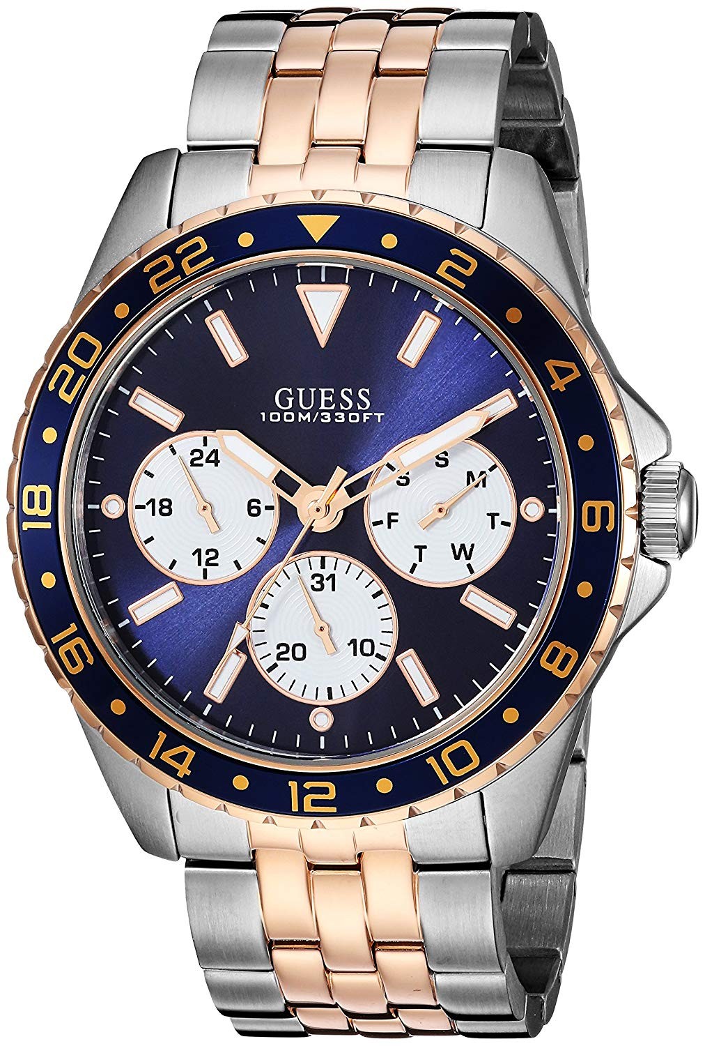 Montre Guess homme bicolore avec cadran bleu soleillé et bracelet acier or rose