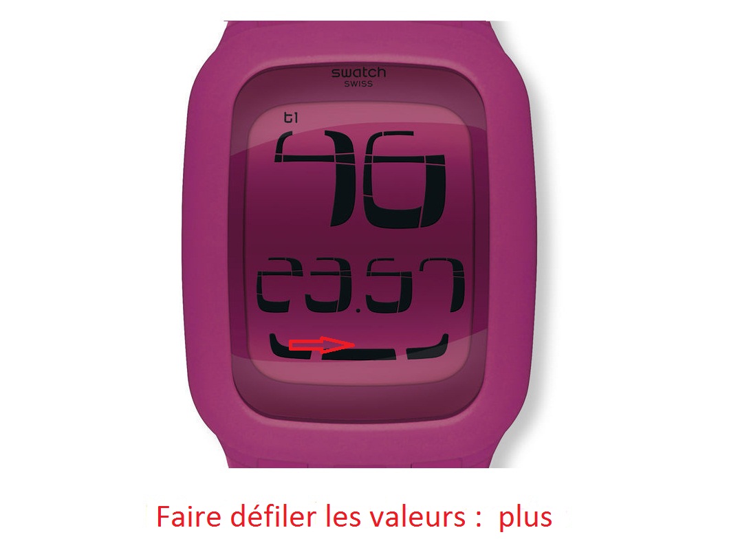 Montre Swatch Touch rose affichant 23:57 avec flèche indiquant défilement valeurs