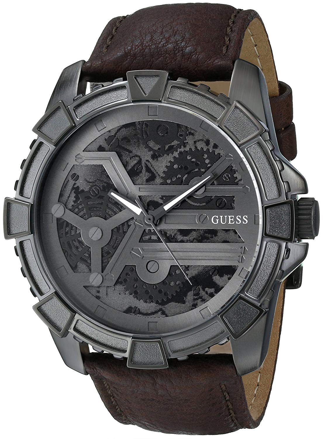 Montre Guess homme anthracite avec cadran ajouré et bracelet cuir marron