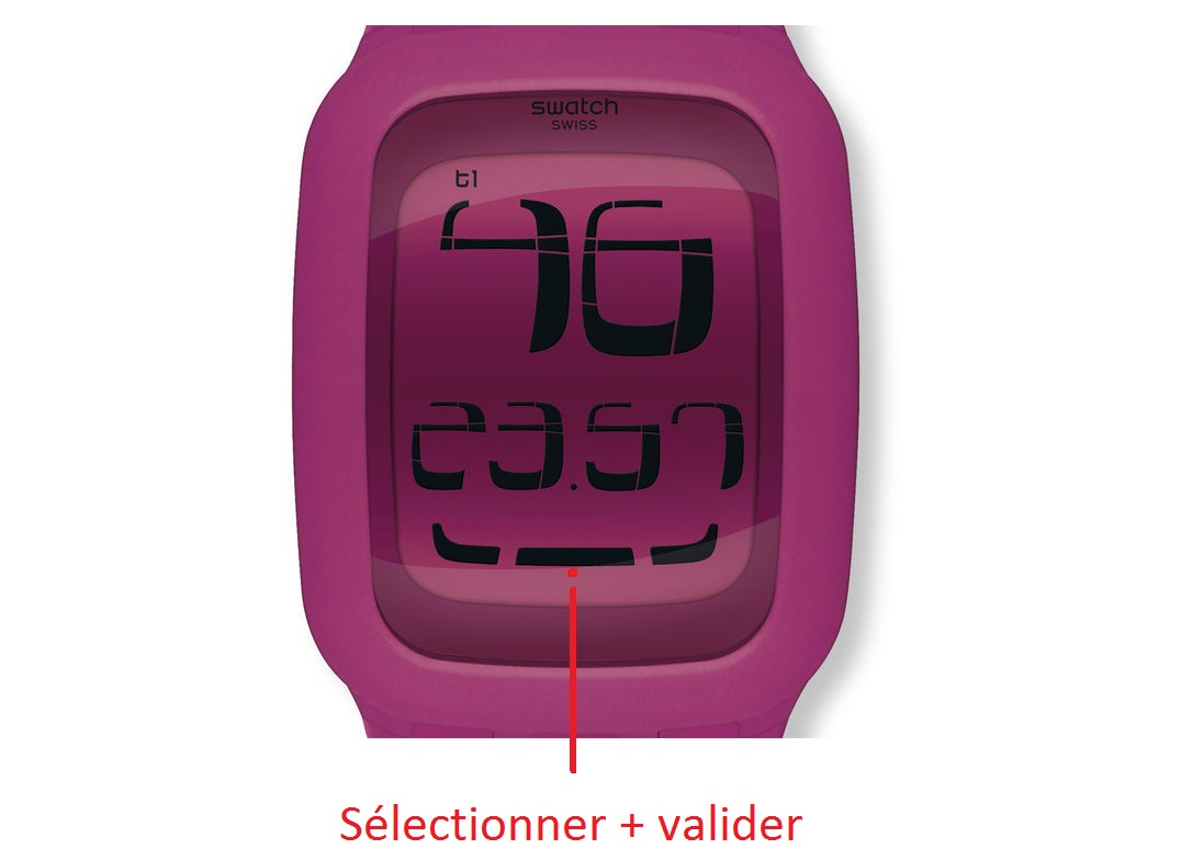 Montre Swatch Touch numérique fuchsia affichant l'heure et le menu de validation