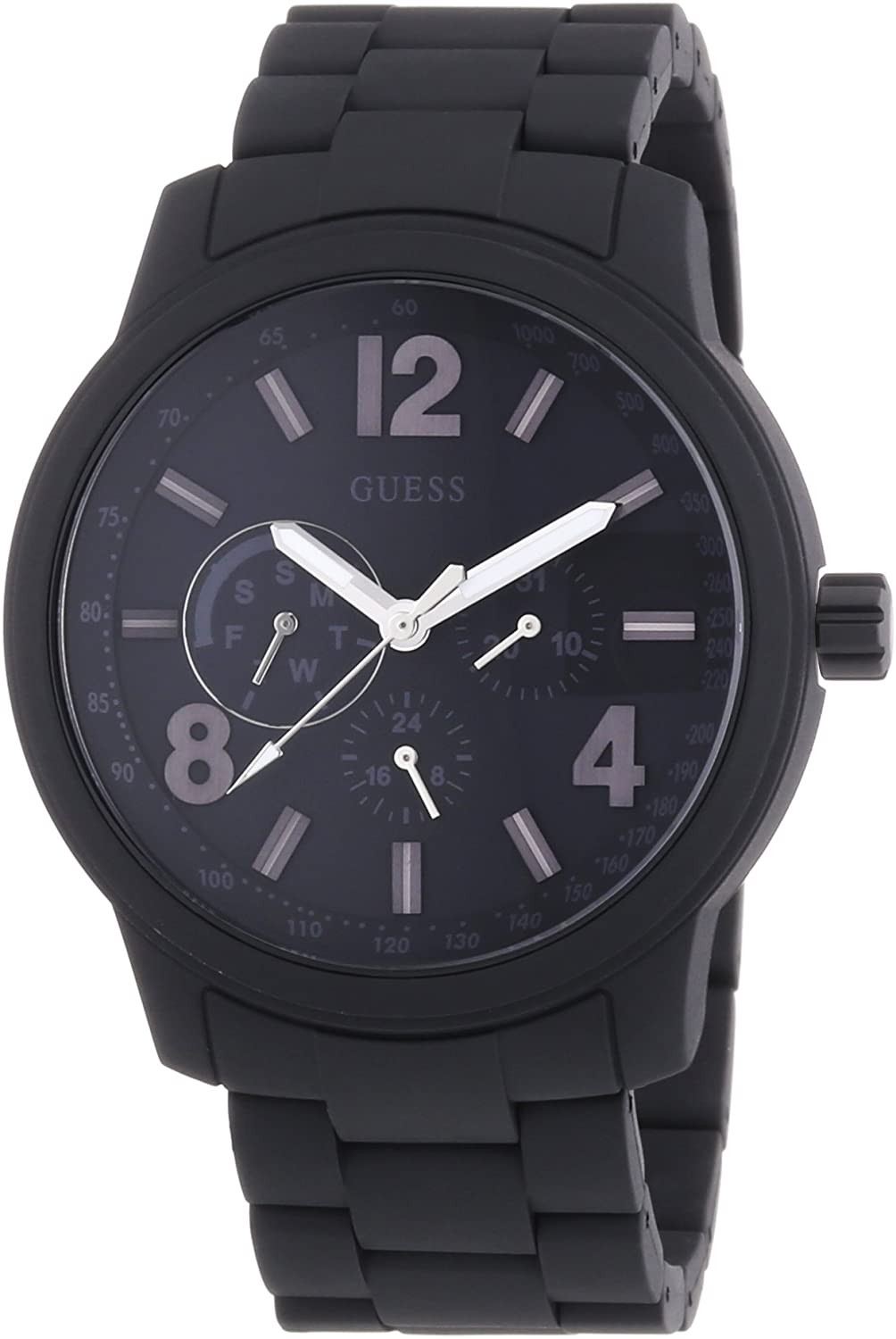 Montre Guess homme noire avec cadran multifonction, index gris et bracelet assorti
