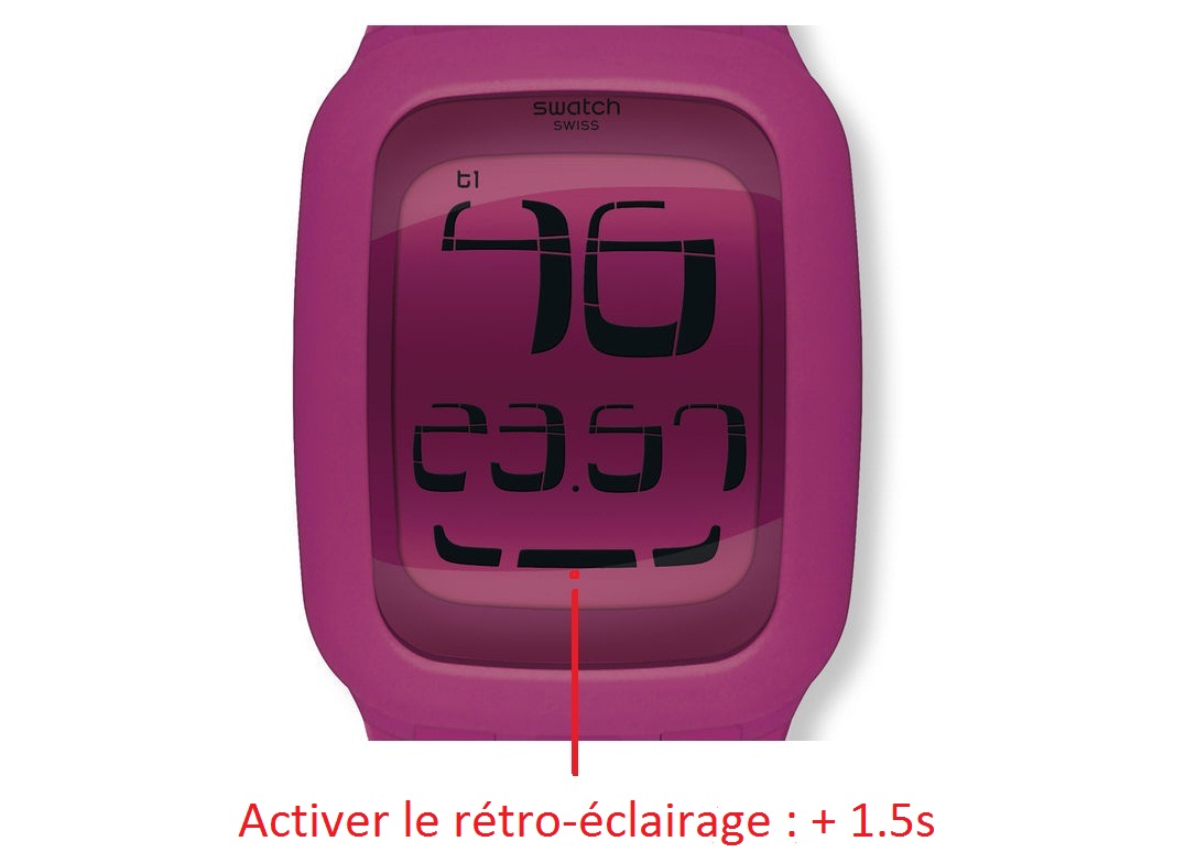 Montre Swatch Touch numérique rose avec instruction pour activer le rétro-éclairage