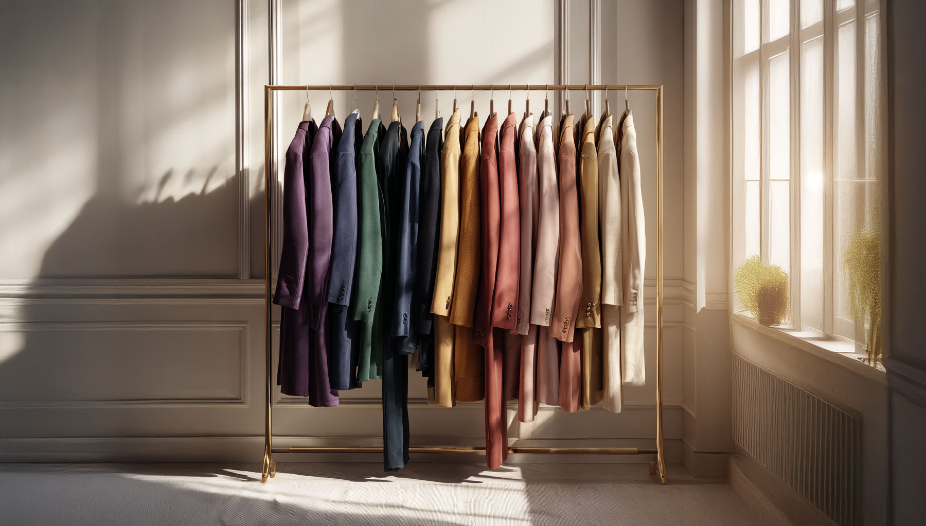 Portant de vestes de tailleur femme multicolores dans une pièce baignée de lumière naturelle