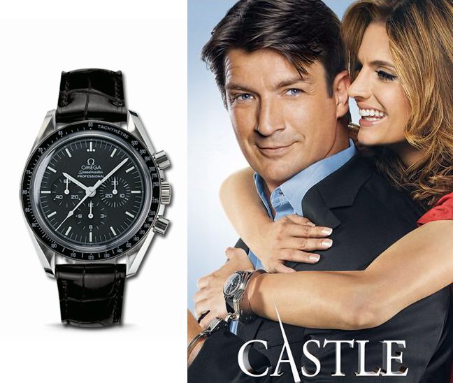 Montre Omega Speedmaster cadran noir et l'acteur de Castle portant cette montre