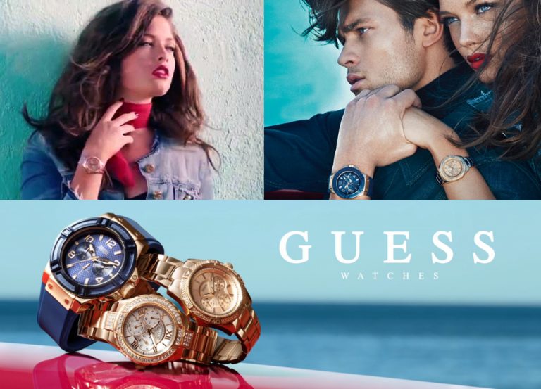 Publicité montrant des modèles avec des montres Guess et une sélection de montres élégantes