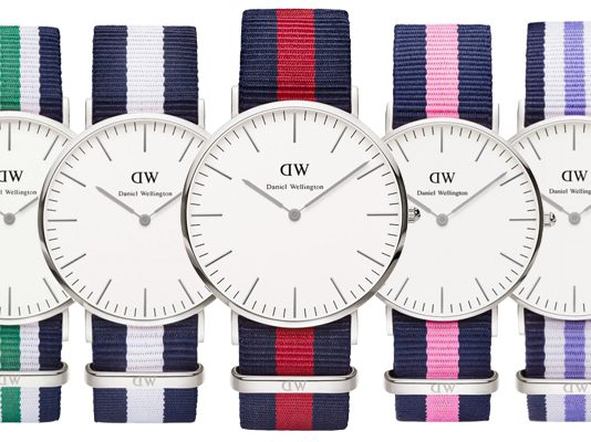 Plusieurs montres Daniel Wellington avec cadrans blancs et bracelets NATO colorés variés
