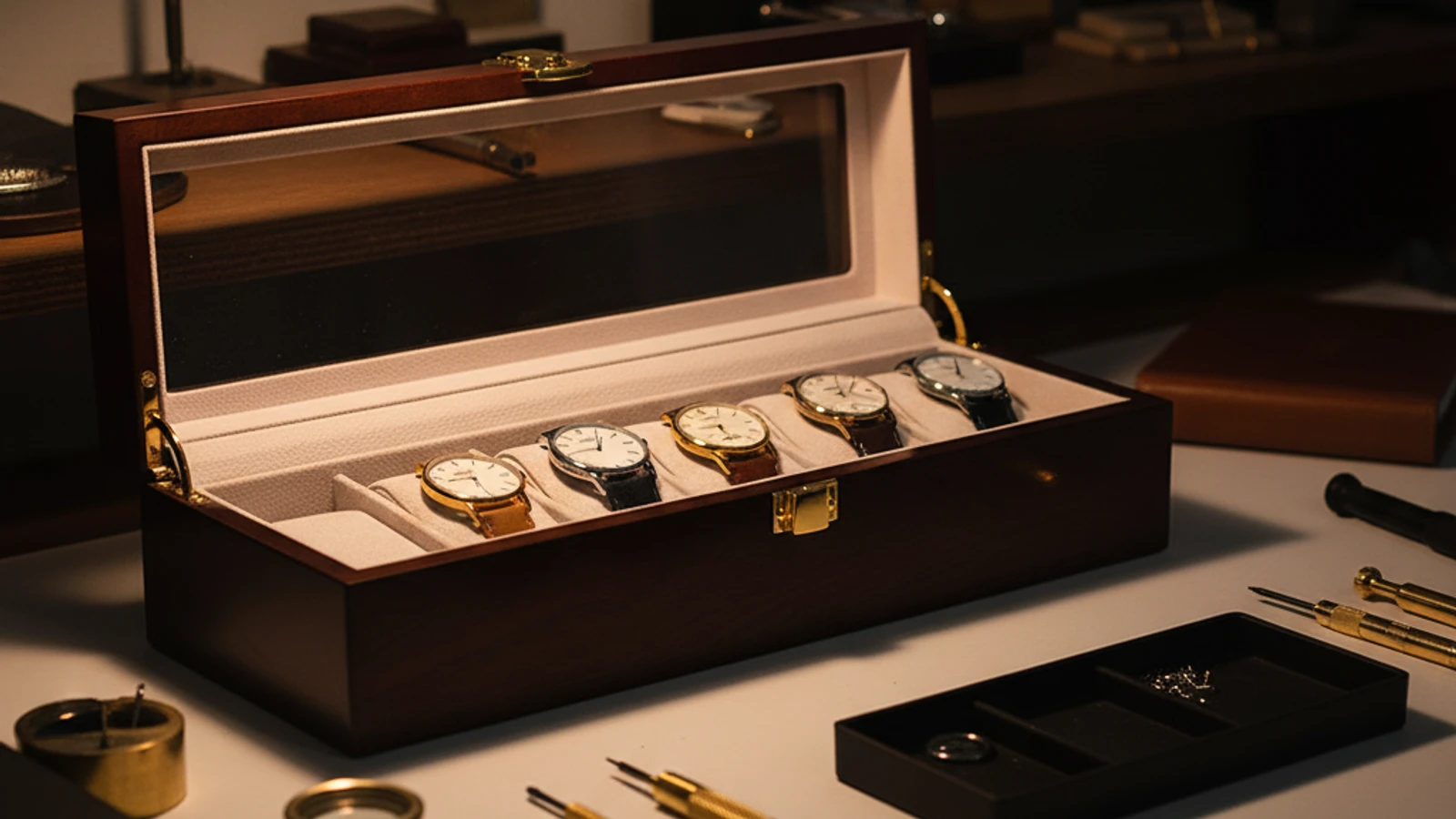Belle montre de luxe dans une boîte de rangement élégante
