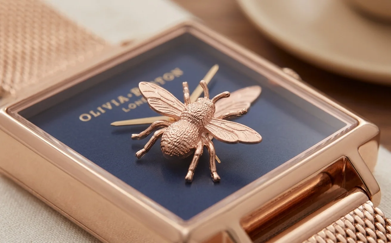 Macro extrême de l'Abeille 3D appliquée sur le cadran d'une Olivia Burton, 8 segments métal CNC visibles