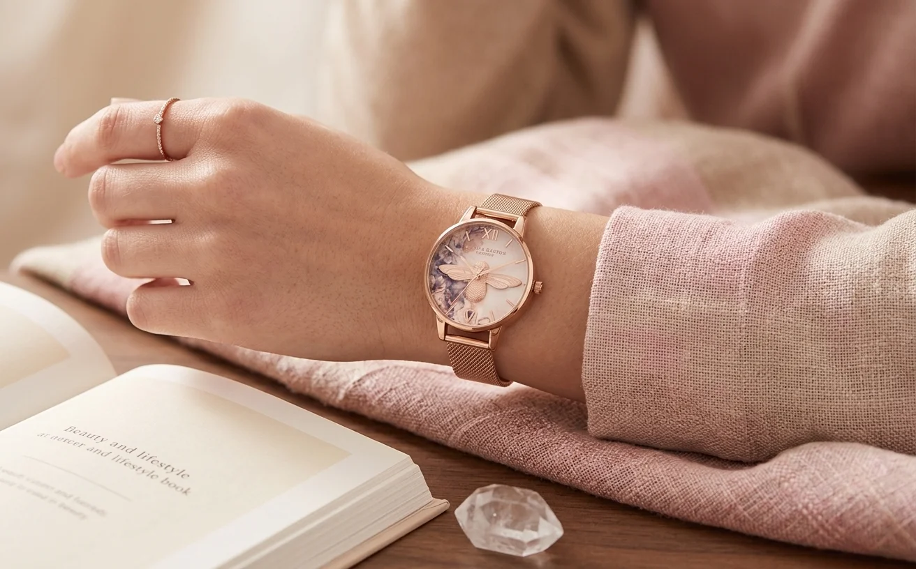 Olivia Burton OB16PP40 maille milanaise or rose portée au poignet