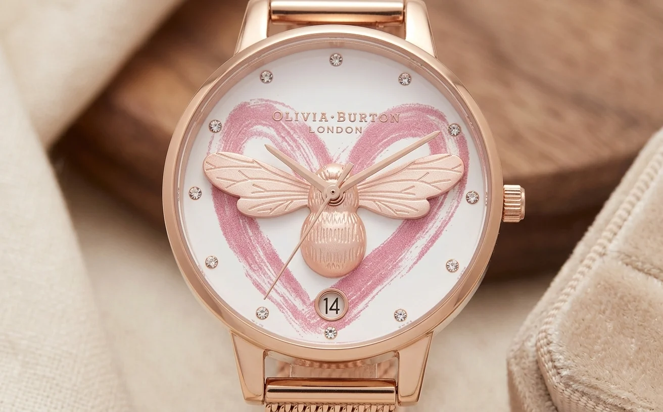 Olivia Burton Lucky Bee OB16FB01 maille milanaise détail floral cadran