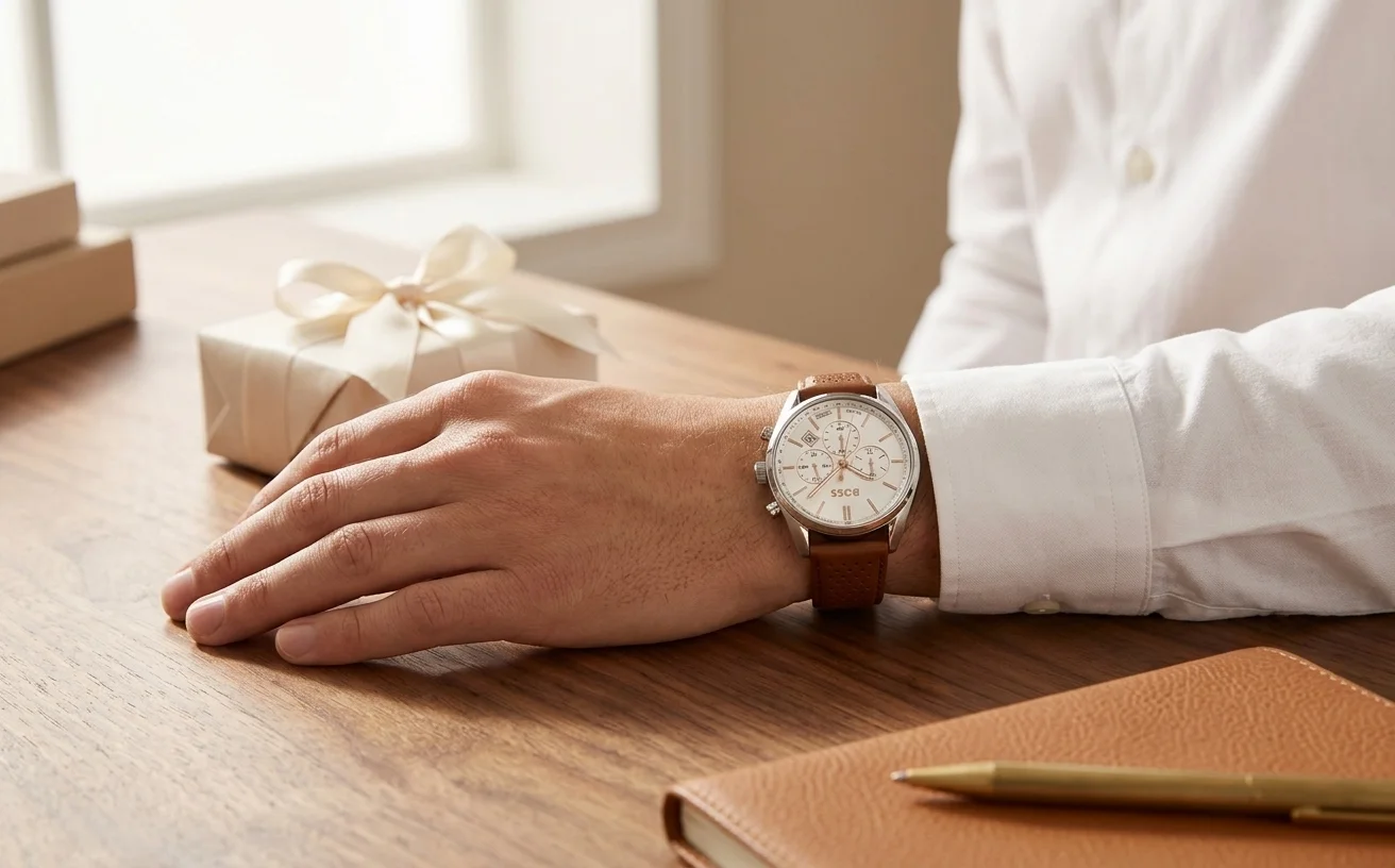 Hugo Boss Champion 1513879 portée au poignet, bracelet cuir Champion détail, calibre Ronda quartz