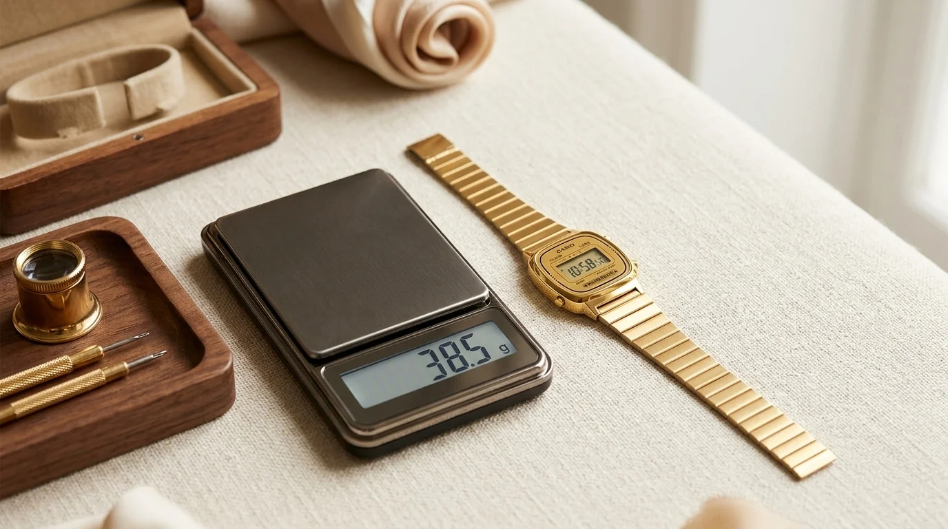 Montre Casio vintage dorée LA670WEGA-9EF authentique posée sur fond neutre
