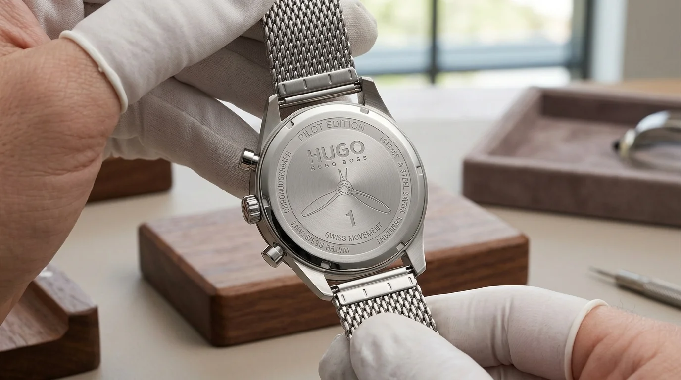 Fond de boîte gravé d'une montre Hugo Boss Pilot Edition 1513886 authentique