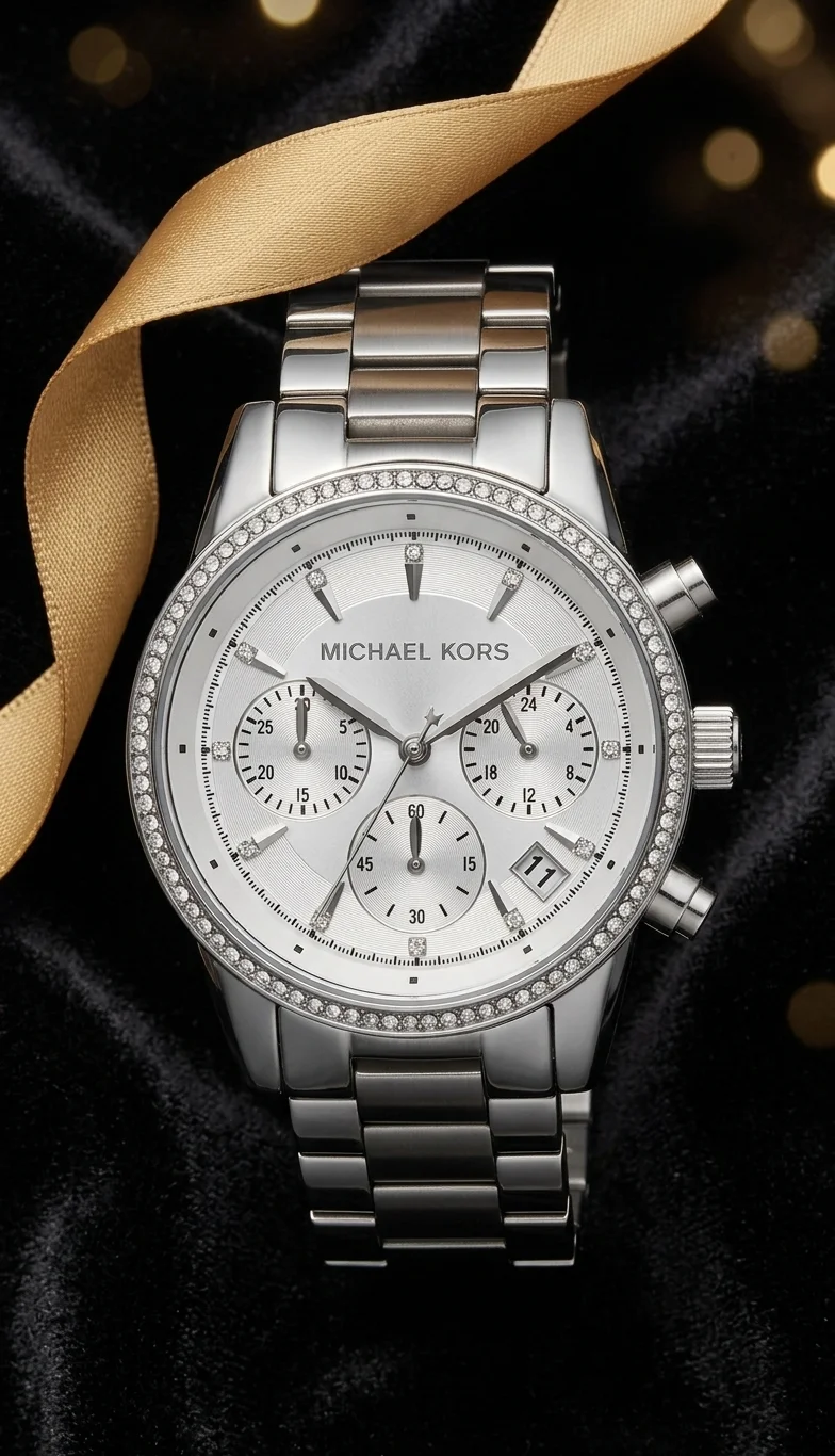 Montre Michael Kors MK6428 dorée sur velours noir avec ruban or, contexte Black Friday outlet premium