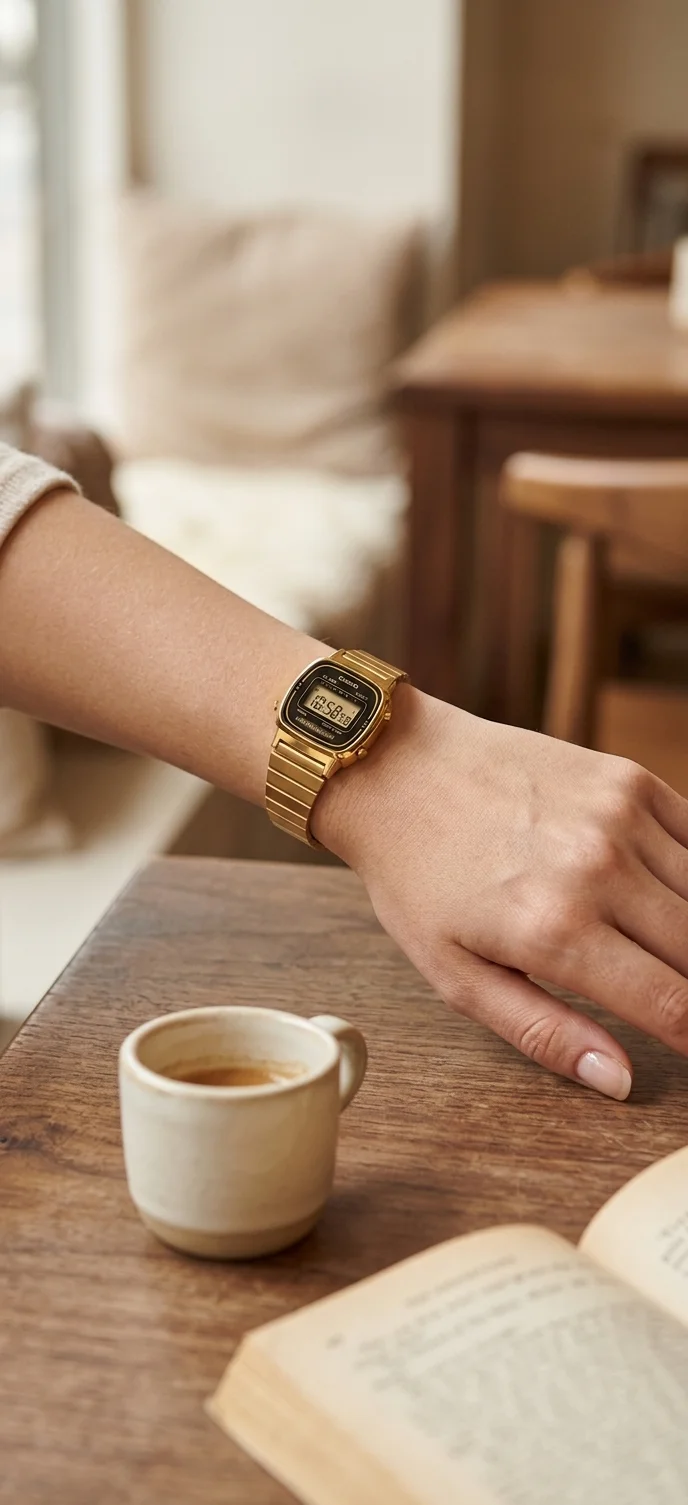 Casio LA670 dorée portée au poignet d'une femme dans une lumière douce de café parisien