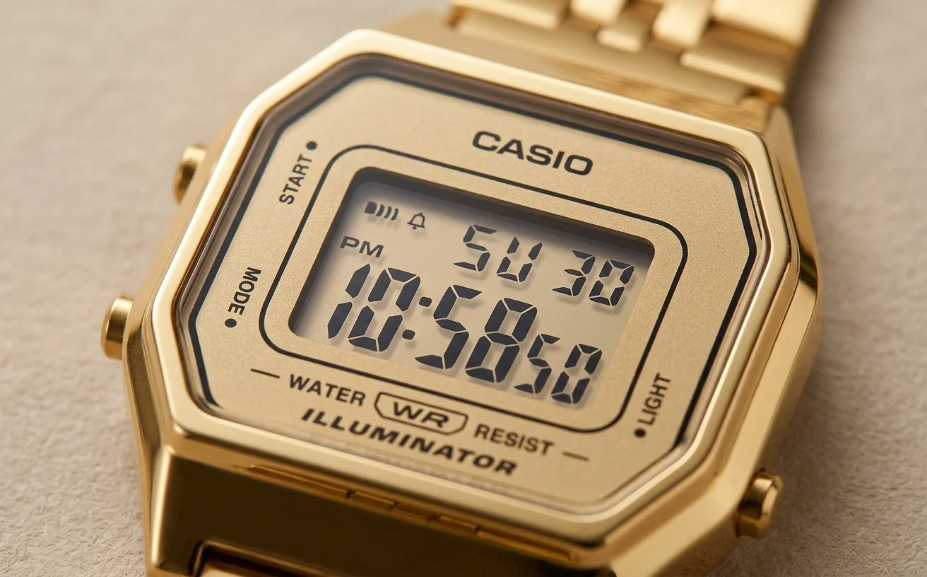 Macro extrême du cadran digital de la Casio LA680 dorée vintage, indices et écran LCD nets