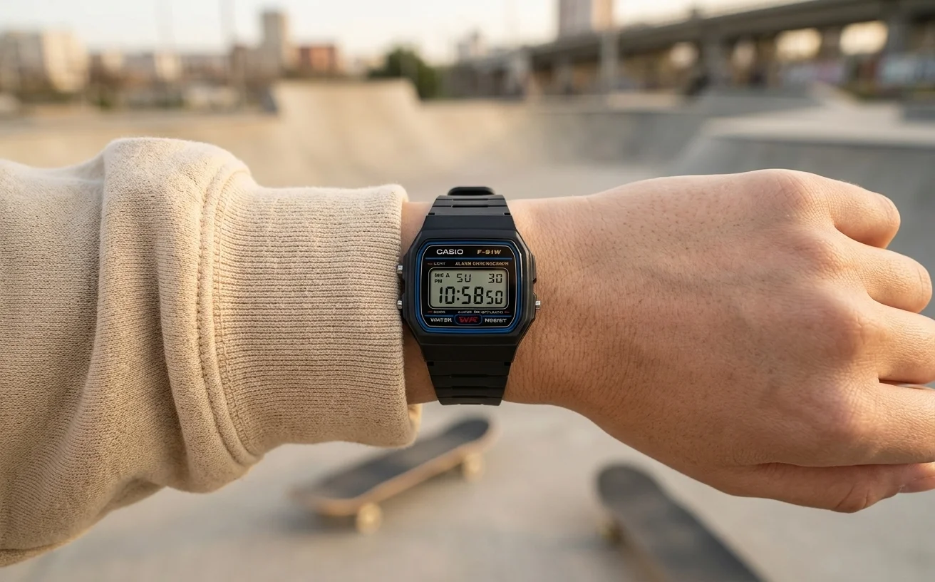 Casio F-91W noire en résine portée style streetwear avec un manche de hoodie en arrière-plan