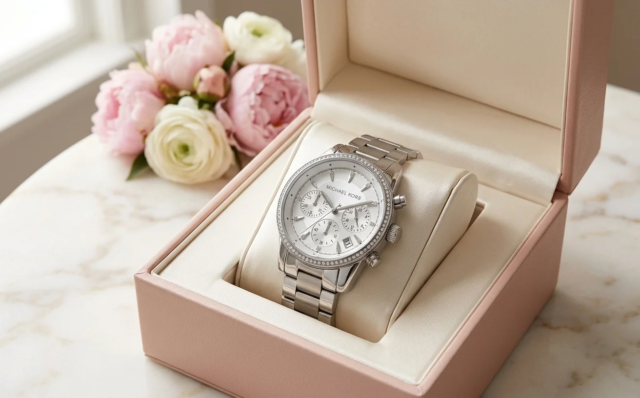 Montre Michael Kors MK6428 dorée dans un écrin rose poudré ouvert, bouquet de pivoines pastel en arrière-plan, cadeau fête des mères élégant