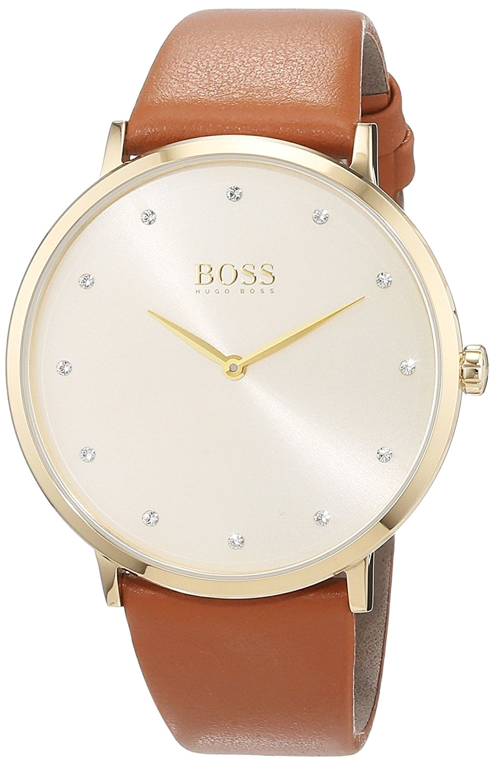 Montre Hugo Boss élégante avec cristaux, boîtier doré et bracelet cuir marron