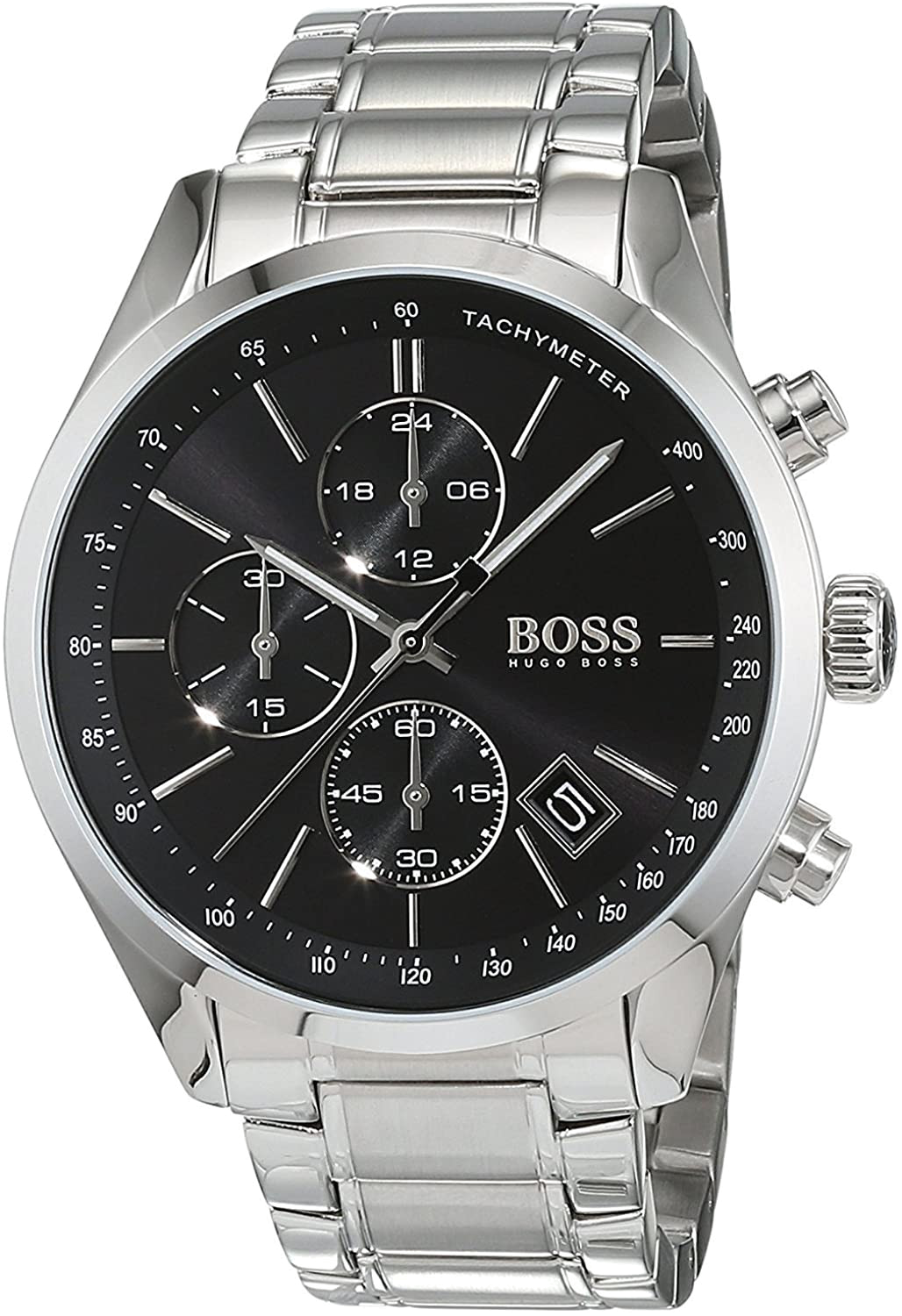 Montre Hugo Boss chronographe en acier avec cadran noir et bracelet métallique